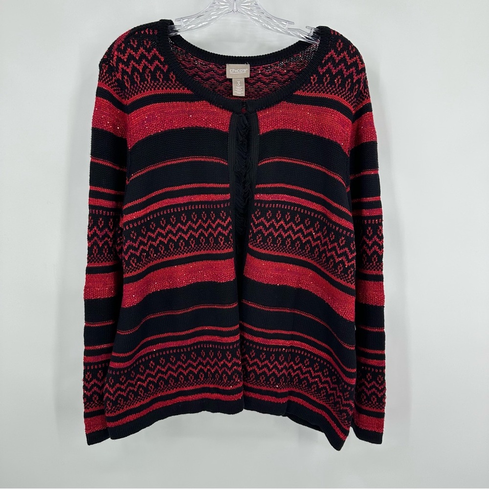 Chico’s NWT Fairisle Shine Fringe Long-Sleeve Cardigan Wine Berry Size 3 XL